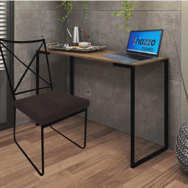 Imagem de Kit Escritório Clark Cadeira e Mesa Industrial Ferro Preto Tampo mdf Caramelo Suede Marrom - Ahz Móveis