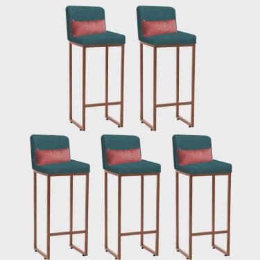 Imagem de Kit 05 Banqueta Alta com Encosto Lucca Industrial Cozinha Balcão Ferro Bronze Suede Azul Turquesa e Almofada Rose Gold - Ahz Móveis
