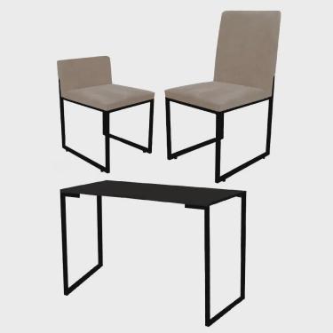 Imagem de Kit Mesa Escrivaninha com Cadeira Stan e Poltrona Lee Tampo Preto Ferro Preto Corino Bege - Ahz Móveis