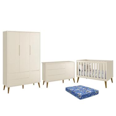 Imagem de Dormitório Infantil Theo Retrô 3 Portas, Cômoda 1 Porta, Berço com Pés Amadeirado e Colchão - Reller Móveis Areia Fosco