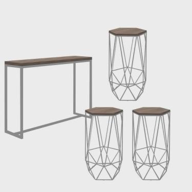 Imagem de Kit 3 Banquetas Liz + 1 Mesa Bancada Mavie 150cm Industrial Ferro Prata mdf Caramelo - Ahazzo Móveis