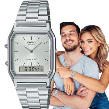 Imagem de Relógio de Pulso Casio Retro Feminino Masculino Quadrado Analogico Digital Vintage Pulseira Aço Inóx Casual Prata AQ-230A-7AMQYDF
