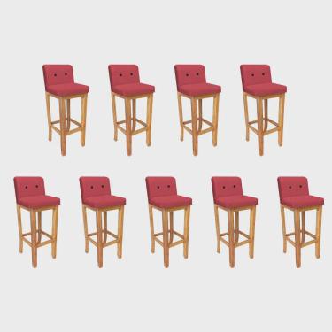 Imagem de Kit 09 Banqueta Alta Com Encosto Aila Balcão Bistrô Base Madeira Maciça Sintético Vermelho Botão Preto - Ahz Móveis