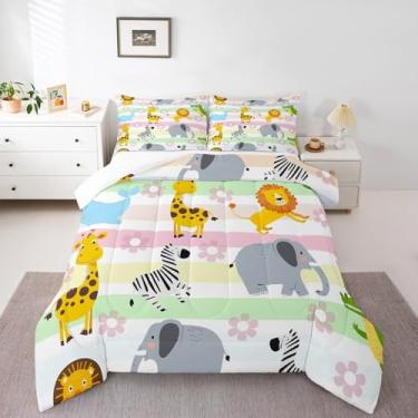Imagem de Conjunto de edredom com desenho animado de animais selvagens, rosa floral para crianças, meninas, meninos, adolescentes, adultos, leão, tigre, fofo, conjunto de edredom acolchoado com listras
