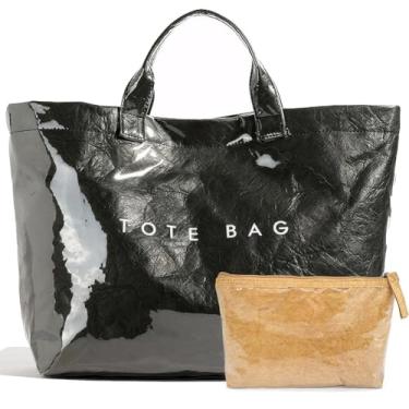 Imagem de RUNSOON Sacola moderna de PVC para mulheres, sacola de papel kraft com estampa de letras grande bolsa de trabalho com alça superior, Preto, Large