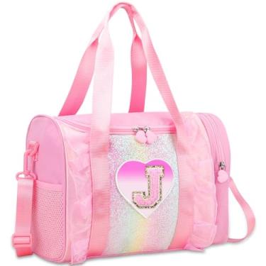Imagem de Bolsa de dança com monograma personalizada para meninas – Mochila Oxford leve resistente à água para crianças de 3 a 6 anos para balé, festa do pijama e ginástica, rosa, J