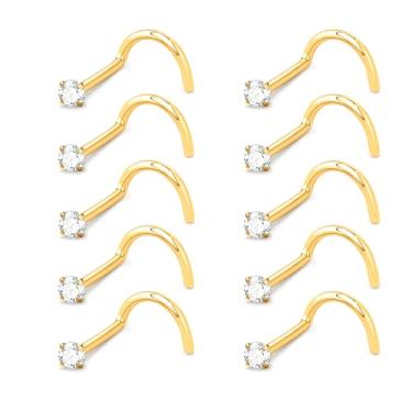 Imagem de DGhera Brincos de nariz: 10 peças 20G 316L aço cirúrgico piercing de nariz hipoalergênico saca-rolhas piercing de nariz joia de zircônia cúbica para mulheres e homens, 20Gauge(0.8mm), Aço inoxidável