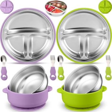 Imagem de Nuogo Conjunto de 8 colheres de garfos infantis de aço inoxidável 304, 2 em 1, prato de aço inoxidável dividido com placas de sucção de bebê de silicone removíveis para desmame de LED, lavável na