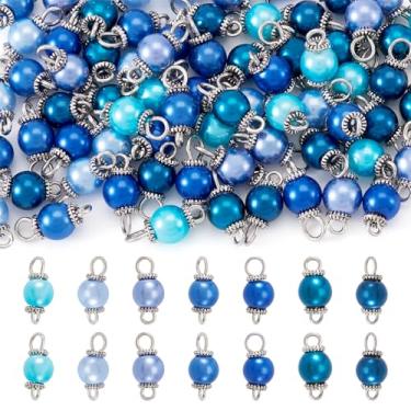 Imagem de Cheriswelry 70 peças de pingentes com conector de pérola, berloques de pérola de vidro redondo perolado com achados de prata antiga de 14 mm para fabricação de joias de praia de verão e pulseira (azul