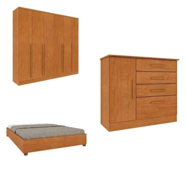 Imagem de CONJUNTO GUARDA ROUPA CASAL COM PUXADOR MDF CAMA CASAL E CÔMODA CHICAGO ESPRESSO MÓVEIS Cinamomo/Cinamomo