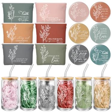 Imagem de Fumete Conjunto de 6 presentes cristãos, bolsa de maquiagem religiosa, versículo bíblico, copo de café de vidro com tampa de bambu, palha, mini espelho compacto cristão Regalos Cristianos en Español