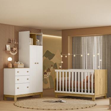 Imagem de Quarto de Bebê com Berço Mini Cama e Roupeiro com Cômoda QEncanto Slim Freijó Branco Acetinado Qmovi