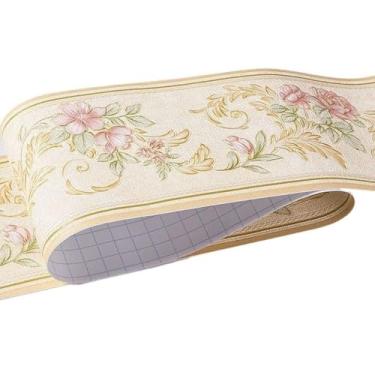 Imagem de TsoLay Bordas de papel de parede autoadesivas de 5 metros, borda de papel de parede de PVC, papel de parede floral, descasque e cole borda de parede à prova d'água para banheiro e cozinha