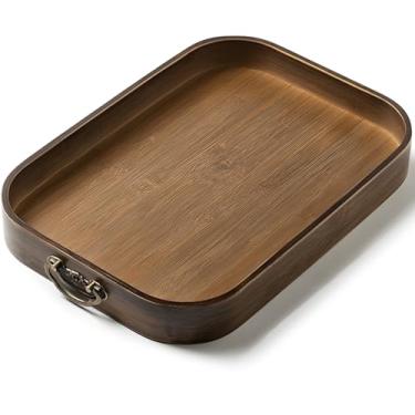 Imagem de Bandeja de madeira com alças, cor nogueira, tamanho médio, bandeja de madeira retangular, superfície lisa, ideal para servir comida ou armazenar itens pequenos, conveniente e elegante