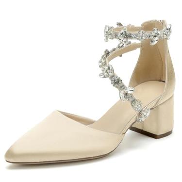 Imagem de Hyinlays Sandálias femininas fechadas de salto fino salto bloco cetim cristal casamento salto baixo grosso noiva formatura salto alto sandálias, Champanhe, 42