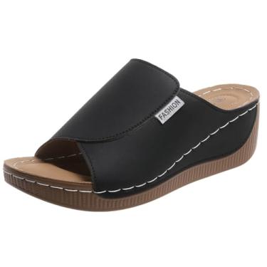 Imagem de Rungion Sandália feminina ortopédica, confortável, para o verão, praia, elegante, com suporte de arco e plataforma, Preto, 39