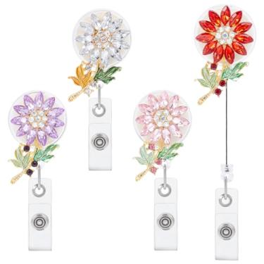 Imagem de NBEADS 4 carretéis retráteis, clipe de crachá de glitter com strass esmaltado, suporte de crachá de identificação de flor para enfermeira, professor, escritório, equipe médica, 12 cm
