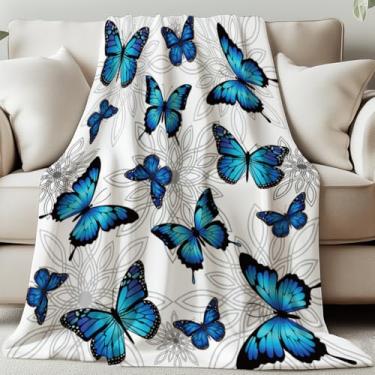 Imagem de GLOBLELAND Manta de borboletas azuis 139 × 139 cm, estampa floral, macio, aconchegante, lavável, cobertor felpudo para casa, escritório, cama, sofá, cadeira, presente