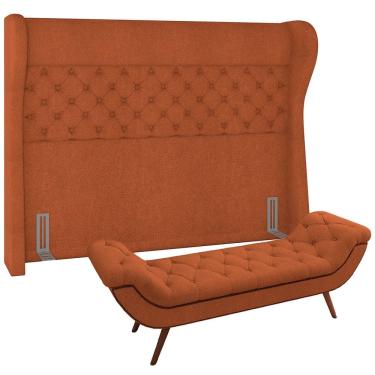 Imagem de Kit Cabeceira Cama Box Casal 195 cm Madrid com Puff Recamier Santorini P05 Bouclê Terracota - Lyam Decor