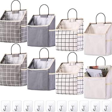 Imagem de 8 pacotes de armazenamento para pendurar na parede e 10 peças ganchos pegajosos à prova d'água sobre a porta armário armazenamento bolsa para suporte interno organizador bolsa de parede bolsa de algodão de linho para quarto banheiro cozinha dormitório
