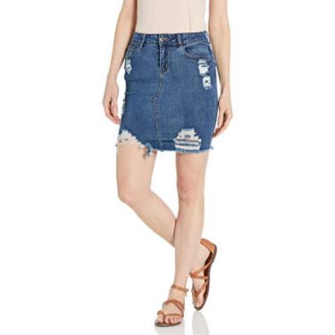 Imagem de CG JEANS Saia jeans feminina para jovens, rasgada, desgastada, bainha com franja, fofa e sexy, Lavagem escura, P