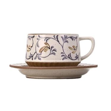Imagem de Caneca de café, conjunto de chávenas de café/chá, retrô, cerâmica com pires e padrão de plantas, 300 ml