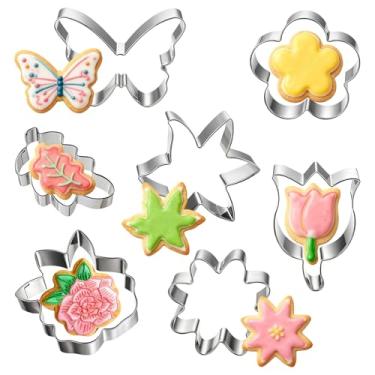 Imagem de Conjunto de 7 peças de cortadores de biscoito de flores de aço inoxidável, cortador de biscoito floral de verão, margarida, lírio, rosa, tulipa, folha de carvalho e borboleta, ferramenta de cozimento