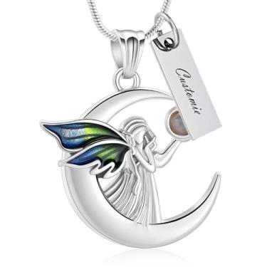 Imagem de AIWENXI Colares de urna de pedra da lua para mulheres e homens, pingente memorial de cremação em forma de anjo para cinzas de aço inoxidável com asas de arco-íris, Aço inoxidável, Sem Pedra Preciosa