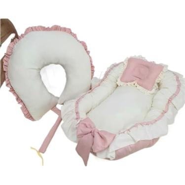 Imagem de Almofada De AmamentaçãO Com Acabamento Com Folhos + Organizador Para BerçO, Quente E Aconchegante(Rose/palha,COM ZÍPER)