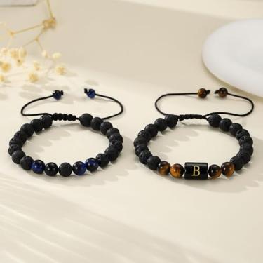 Imagem de Pulseiras com contas para mulheres e homens, presentes - Pulseira inicial de pedra natural de 8 mm Lava Rock olho de tigre dia dos pais aniversário pai avô marido, B, Lava, Sem Pedra Preciosa