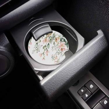 Imagem de Porta-copos de carro de eucalipto de flor rosa conjunto de 2, porta-copos botânicos de primavera com pedra de cerâmica absorvente de folha verde com um entalhe de dedo para facilitar a remoção do