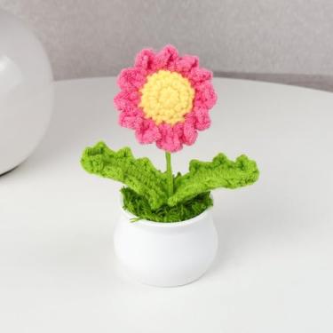 Imagem de Vaso de flores de crochê, feito à mão, de malha, adorável, decoração de suporte sentimental para amigos, professores, senhoras, colegas - estames amarelos com bordas rosadas