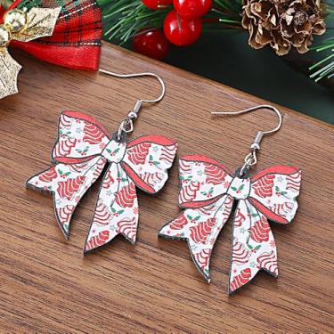 Imagem de Brincos de Natal femininos com pingente de laço, roupas de Natal, acessórios de bijuteria, 2inch, Aço inoxidável, Sem pedra preciosa