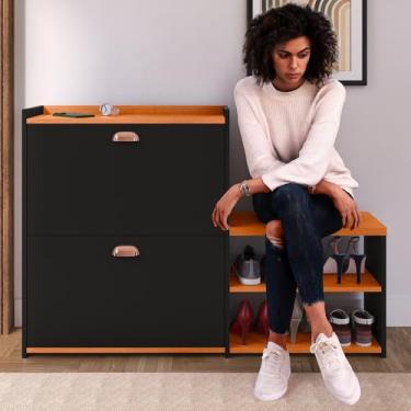 Imagem de Sapateira Basculante 2 Gavetas com Banco 21 Pares – Móvel Organizador Multiuso para Hall de Entrada Sala e Quarto (Preto/Cinamomo)