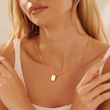 Imagem de Pingente retangular com iniciais A-Z, joia de aço inoxidável personalizada, corrente ajustável simples, design elegante, adequado para mulheres, F, Aço inoxidável, Sem Pedra Preciosa