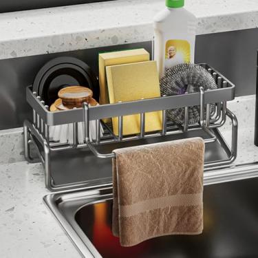 Imagem de Organizador de pia de cozinha de aço inoxidável, prateleira de armazenamento de bancada para esponjas, sabonete, escova, suporte de toalha