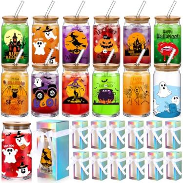 Imagem de Layhit Conjunto de 12 copos de vidro de Halloween, presentes de 473 ml, copo de cerveja em forma de lata com tampas, canudos, presentes engraçados, morcegos, assustador, abóbora, copos com pincéis