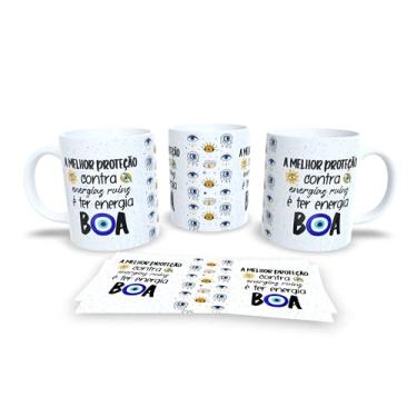 Imagem de Caneca Evil Eye Proteção, Porcelana Branca com Olho Grego Azul, Design Místico com Padrão de Amuletos, Livrai-me de Todo o Mal (17364)