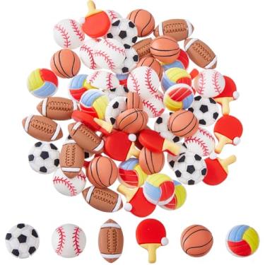 Imagem de DICOSMETIC 60 peças, 6 estilos, bolas esportivas de resina para artesanato, berloques de bola flatback, cabochão de resina, contas, tênis de mesa, basquete, futebol, rúgbi, beisebol, enfeites para