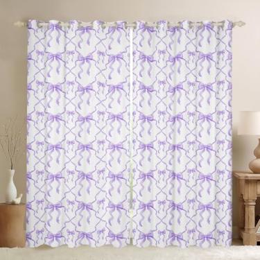 Imagem de Erosebridal Cortina de laço roxa para crianças e adolescentes, laço de fita fofa 132 cm L x 163 C cortina de janela para meninas kawaii aquarela, laços e cortinados, roxo e branco princesa