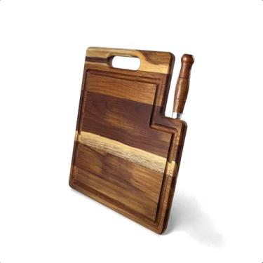 Imagem de Tabua Com Faca de Corte Churrasco Carne Rustica Retangular Madeira Nobre Teca