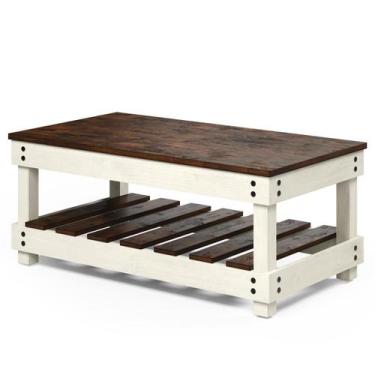 Imagem de Mesa de Centro de Madeira com Prateleira Branco Envelhecido - Pense De