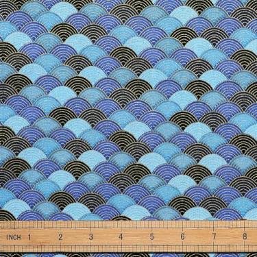 Imagem de PH PandaHall Tecido de escamas de sereia de 1,5 m de largura 1,5 cm de largura, tecido de algodão com estampagem a quente, estofamento azul, decoração de costura de escama de peixe do mar, decoração
