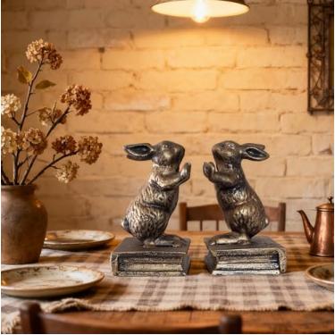 Imagem de ifreeside Conjunto de suporte de livro decorativo de coelho de ouro antigo com 2 peças de ferro fundido vintage para prateleiras para casa (coelho cara a cara)