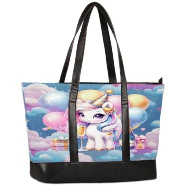 Imagem de Bolsa feminina de lona para laptop com balão fofo unicórnio de 15,6 polegadas, grande capacidade, bolsa de ombro leve e casual para negócios, escritório, trabalho, viagem, escola, faculdade, fim de