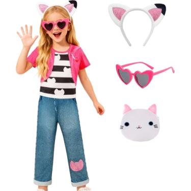 Imagem de VORLITS Conjunto de roupa de aniversário para meninas, tema de gato, faixa de cabeça, bolsa de moedas, óculos de sol engraçados, 5 peças para 3-8 anos, rosa, 5-6 Anos
