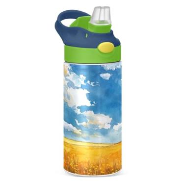 Imagem de Blueangle Garrafa de água de campo amarelo de aço inoxidável isolada de 350 ml com tampa de canudo - Garrafa esportiva reutilizável à prova de vazamento para viagens, ao ar livre #265