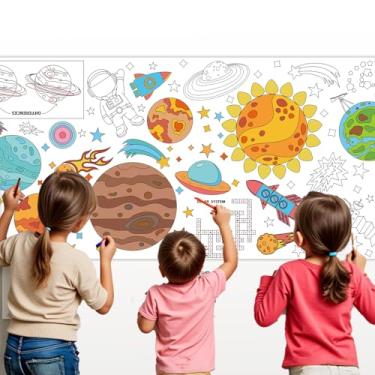 Imagem de Zharkoo Toalha de mesa de papel para colorir, capa de mesa de festa espacial e planeta, 78 x 182 cm, toalha de mesa de desenho de galáxia, pôster de atividades familiares DIY, folha de colorir gigante