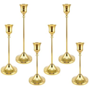 Imagem de Conjunto de 6 castiçais – Castiçais cônicos em 3 tamanhos, elegantes castiçais vintage modernos de latão/alumínio para decoração de casa, casamentos, festas, mesa de jantar e lareira