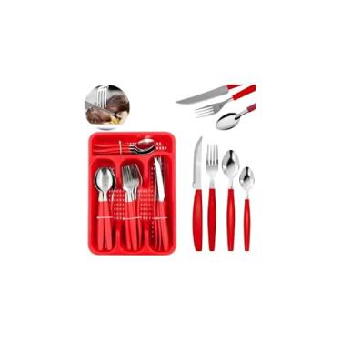 Imagem de Conjunto de Talheres em Aço Inox Vermelho, 25 Peças, com Porta Talher, Cabos em Polipropileno, 6 Garfos, 6 Facas, 6 Colheres de Mesa, 6 Colheres de Chá
